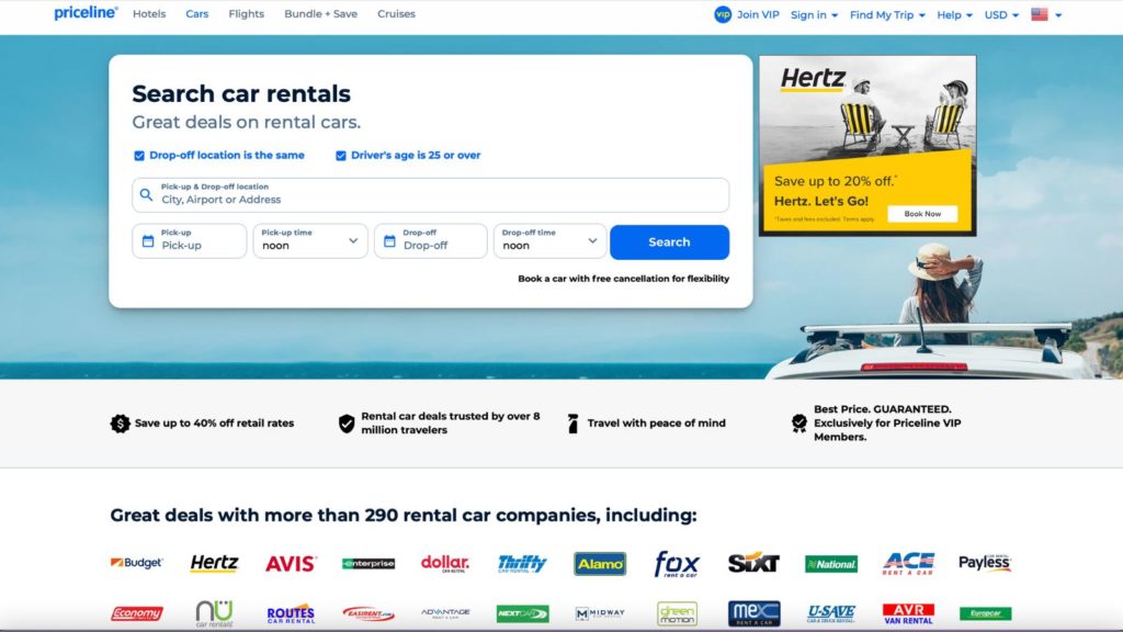Priceline's search page for finding cheap car rentals (Credit: Priceline)