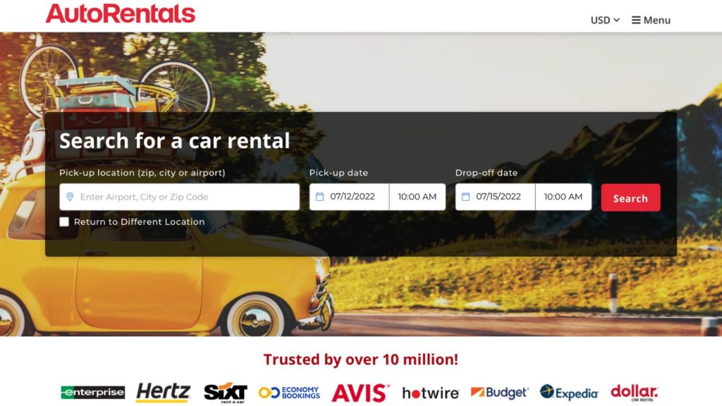 The AutoRentals homepage makes booking a car rental easy (Credit: AutoRentals)