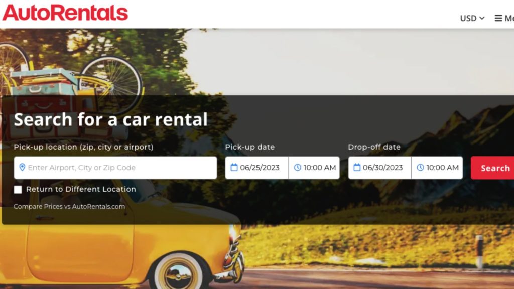AutoRentals.com car rental booking site homepage with cute yellow car in background