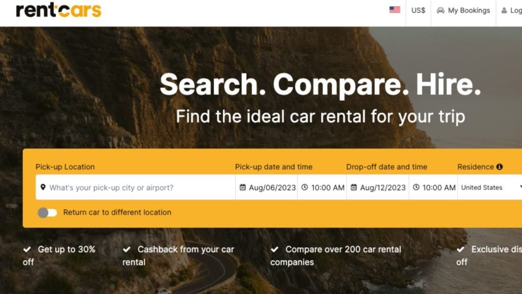 The homepage of the car rental booking site RentCars