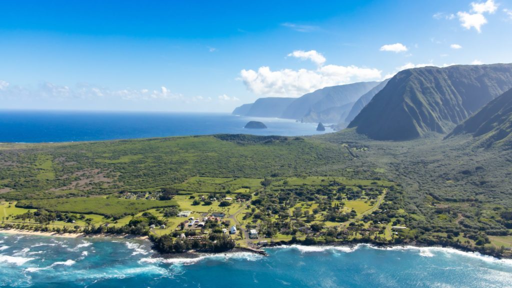 aerial view of the island of Moloka'i and Kalaupapa National Historic Park