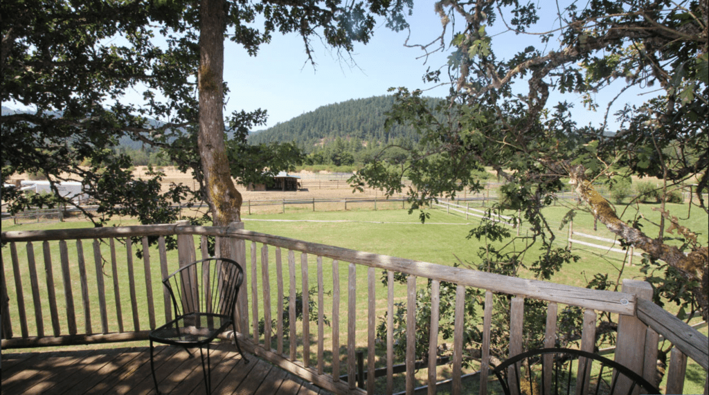 deck and view from Yurtree at Out'n'About Treehouse Treesort, a treehouse hotel in Cave Junction, Oregon