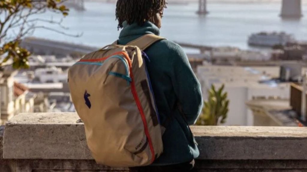 Person wearing the Cotopaxi Allpa travel backpack while looking at a vista of San Francisco