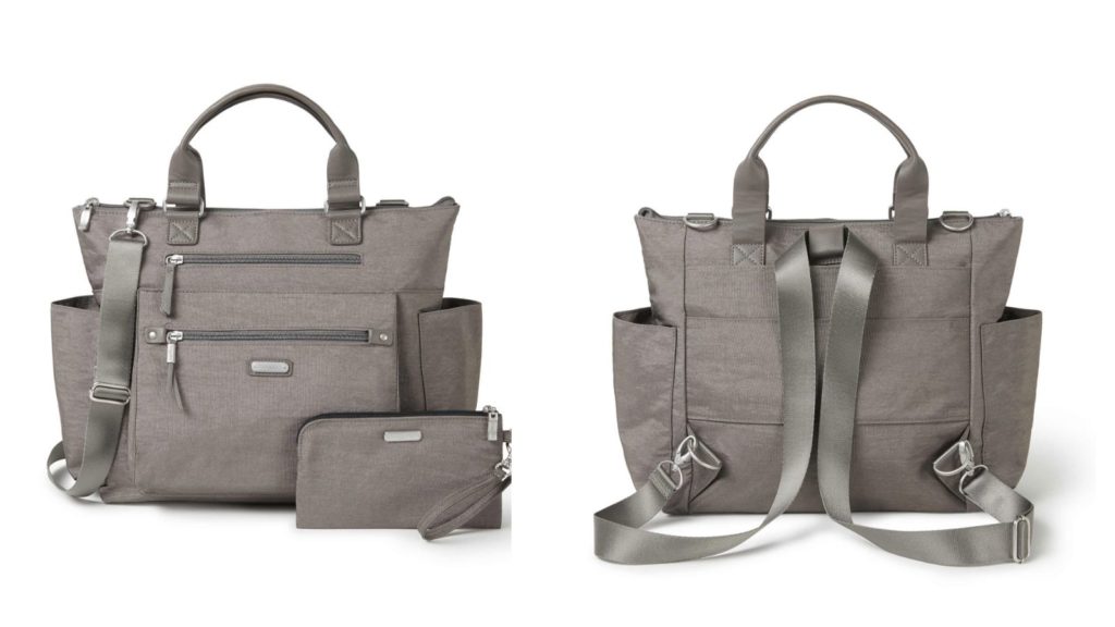 front and back views of grey Baggallini 3-in-1 travel backpack