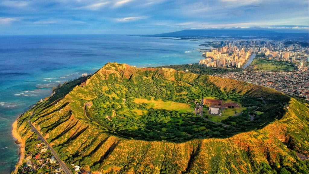 Aerial view of Diamond Head Crater on Oahu, a popular destination for Hawaii vacations