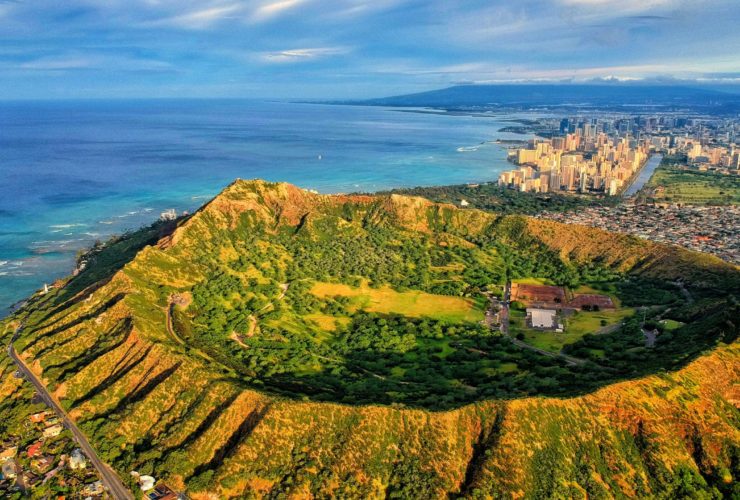 Aerial view of Diamond Head Crater on Oahu, a popular destination for Hawaii vacations