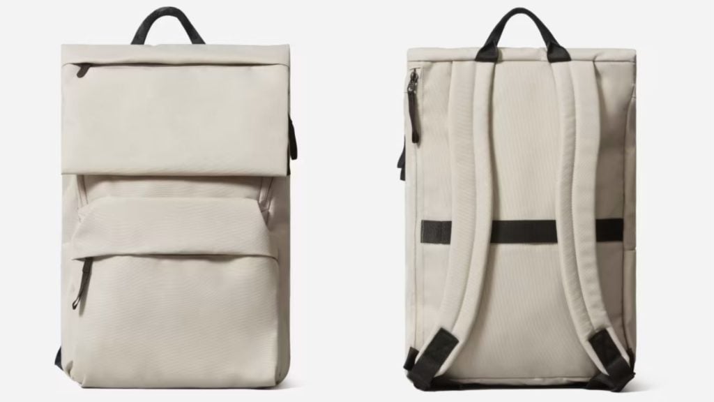 front and back view of a white ReNew Transit Backpack