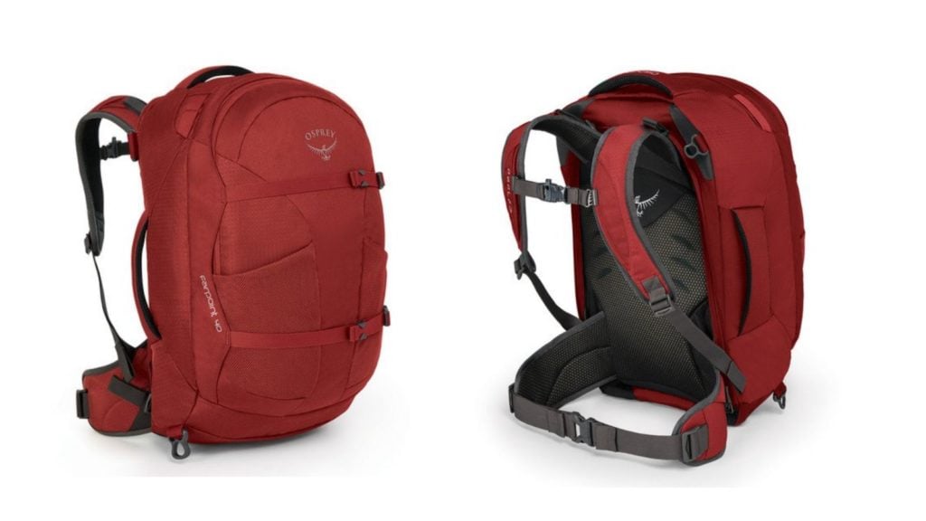 Front and back views of a red Osprey farpoint travel backpack