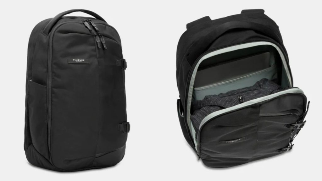 Exterior and interior views of Timbuk2's never check travel backpack in black