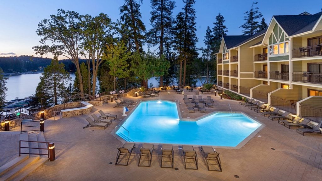 evening photo of the pool at Lake Arrowhead Resort and Spa, a family friendly California resort
