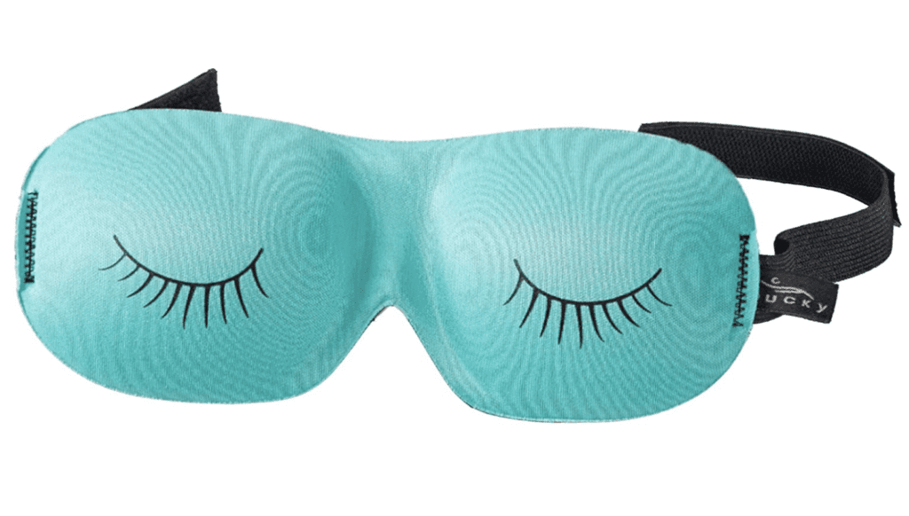 Teal colored eye mask for sleeping on planes