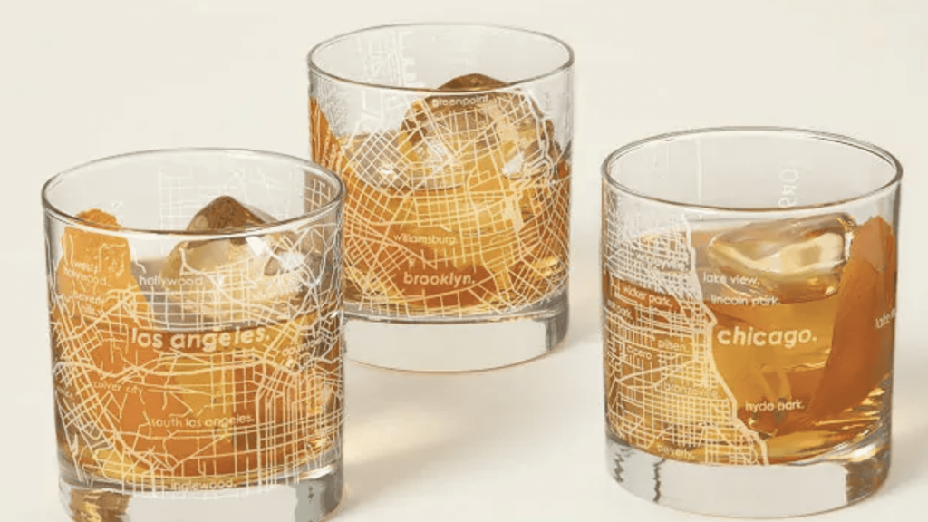 three filled Urban Map Glass etched gift glasses