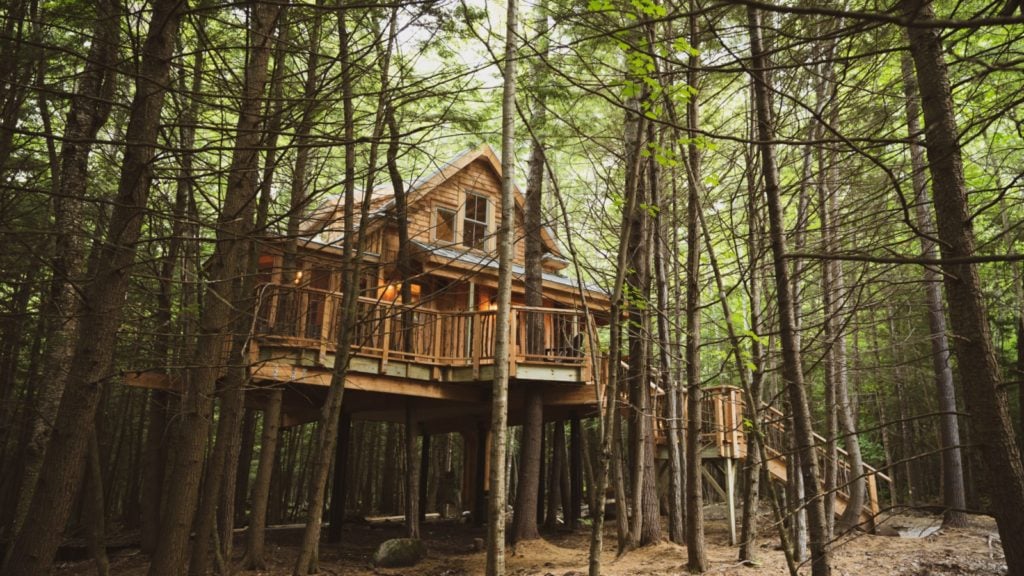 view of the treehouse hotel at The Woods Maine with trees surrounding the treehouse