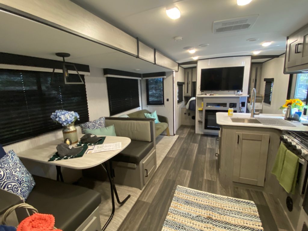 Inside of RVshare mobile home with charming decor