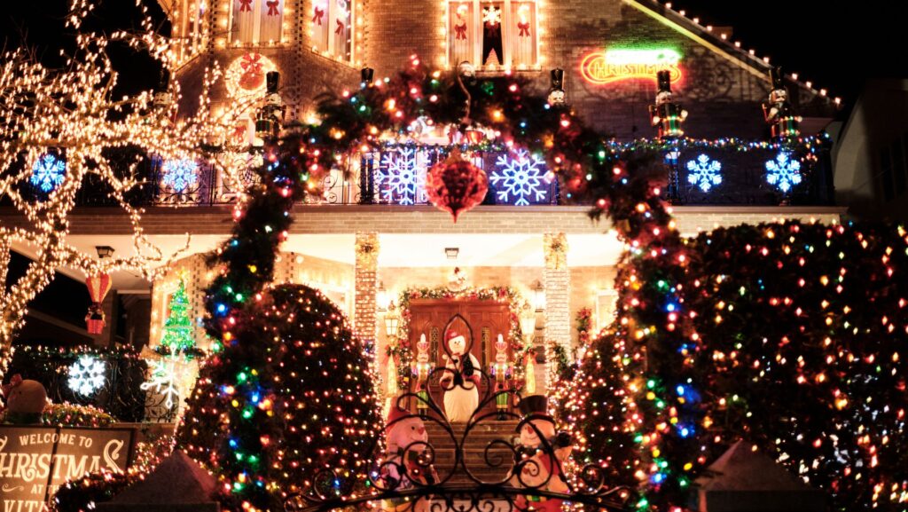 A house decorated with lights and other decorations for Christmas in Dyker Heights, Brooklyn
