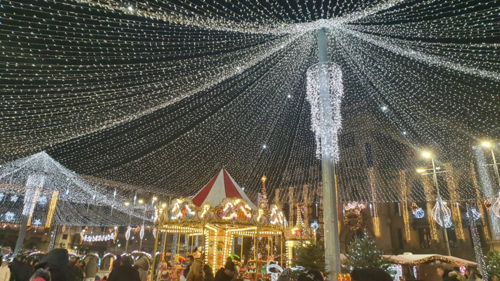 Twinkly lights overhead at Craiova Christmas Market in Romania