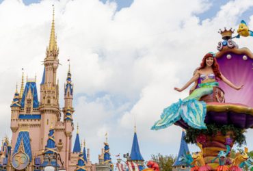 Ariel waves to guests during the “Disney Festival of Fantasy Parade” in Magic Kingdom Park at Walt Disney World Resort in Lake Buena Vista, Fla. The parade returned to the park Wednesday, March 9, 2022, after a nearly two-year absence. (Courtney Kiefer, photographer)