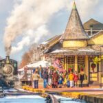 A holiday train pulling into the Victorian train station in New Hope, PA