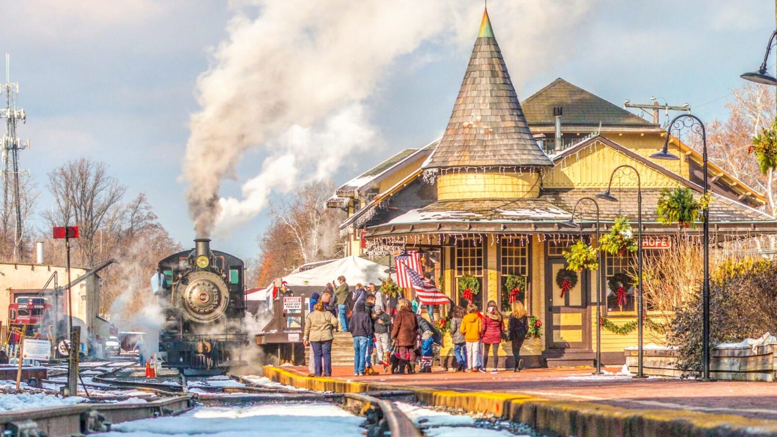 A holiday train pulling into the Victorian train station in New Hope, PA