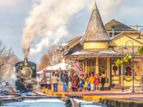A holiday train pulling into the Victorian train station in New Hope, PA