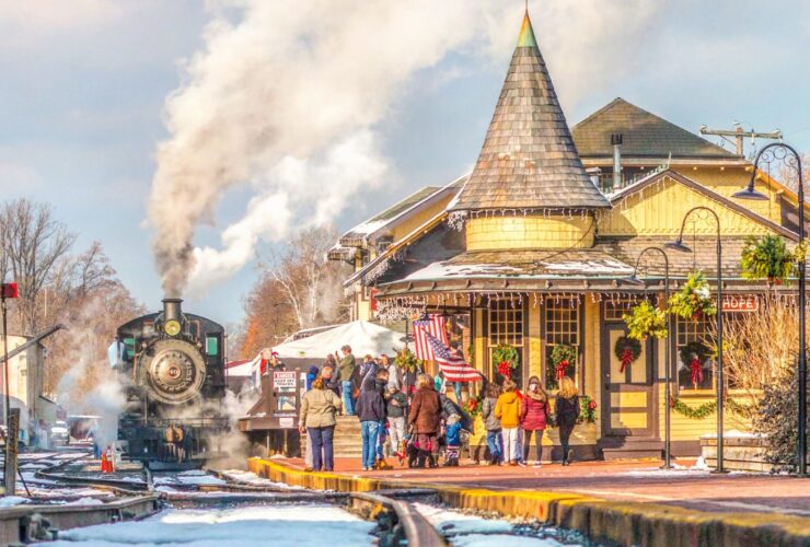 A holiday train pulling into the Victorian train station in New Hope, PA