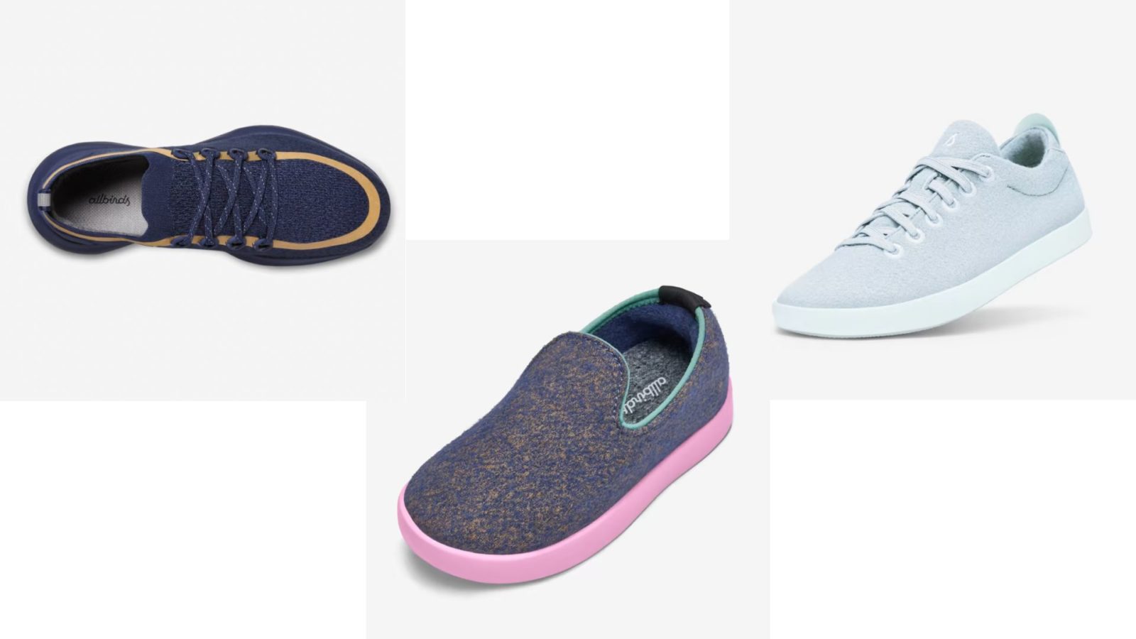 Three pairs of Allbirds shoes that are great for travel