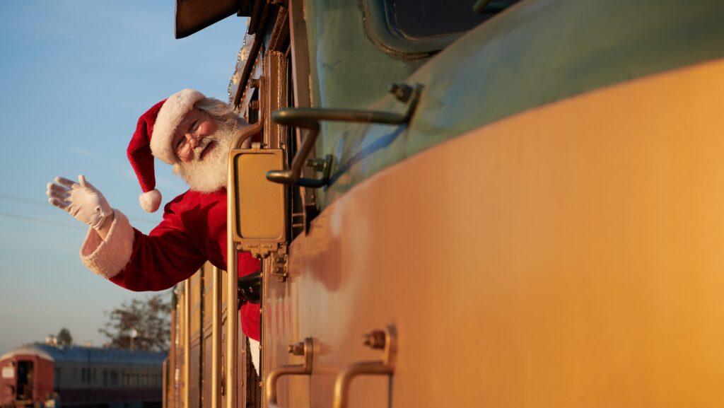 Santa Claus waving from a train in Napa Valley