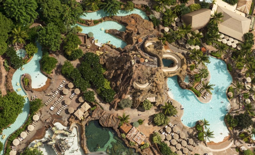 view from above of the Waikolohe Valley area of Disney's Aulani Resort