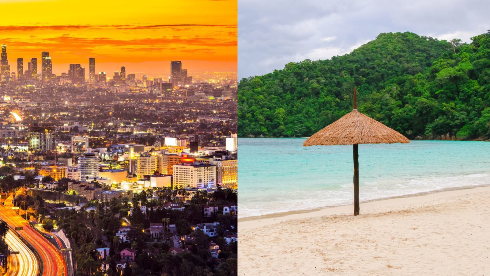 Split image showing rush hour at sunset in Los Angeles on the left and a single umbrella on a Cayman Island beach on the right