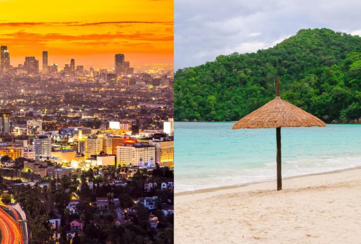 Split image showing rush hour at sunset in Los Angeles on the left and a single umbrella on a Cayman Island beach on the right