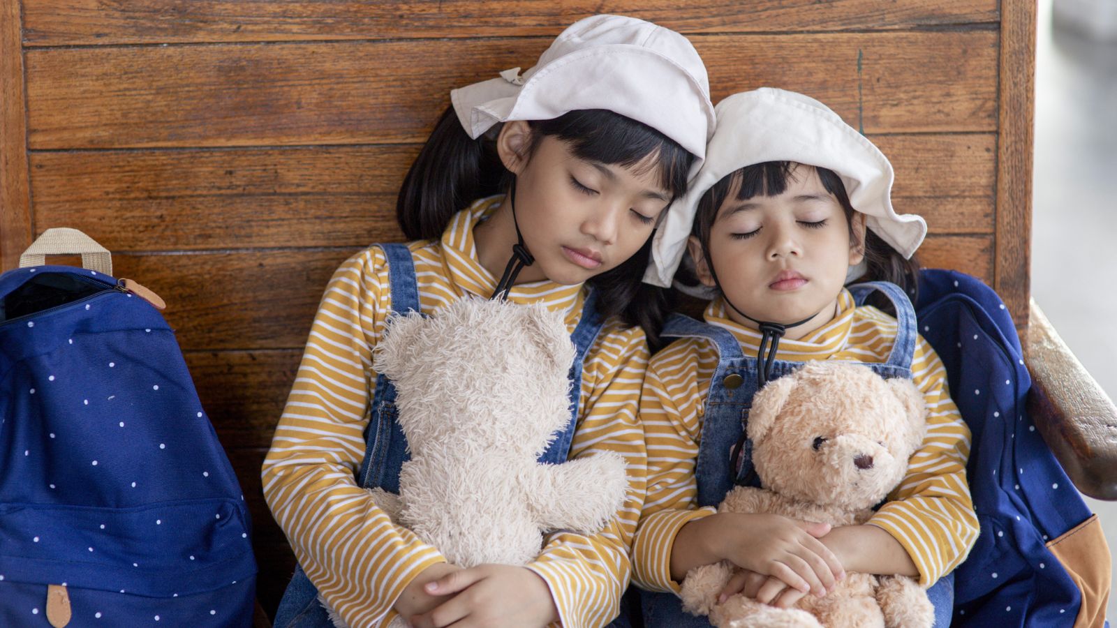 Two jet lagged children holding teddy bears and napping on a train (Photo: Envato:FamilyStock)