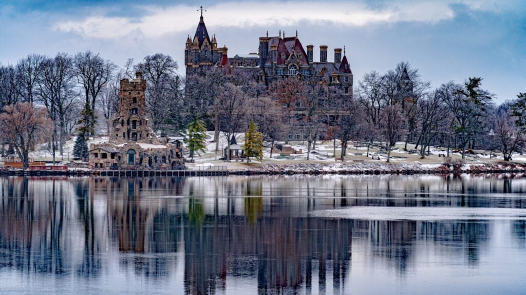 The Boldt Castle in winter on Heart Island reflecting on St Lawrence River in Alexandria Bay, NY