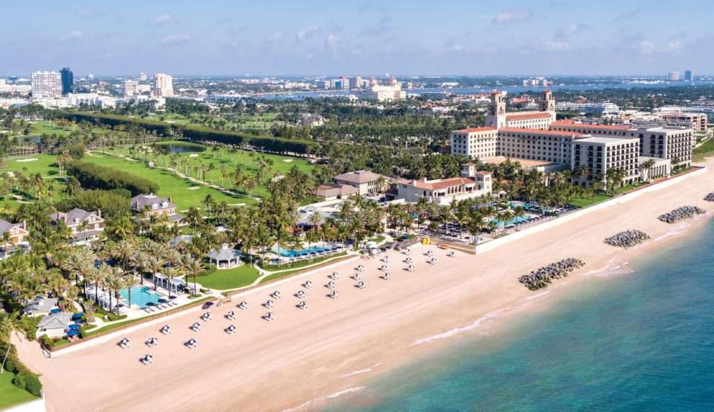 aerial view of the ocean and The Breakers resort in Palm Beach, Florida