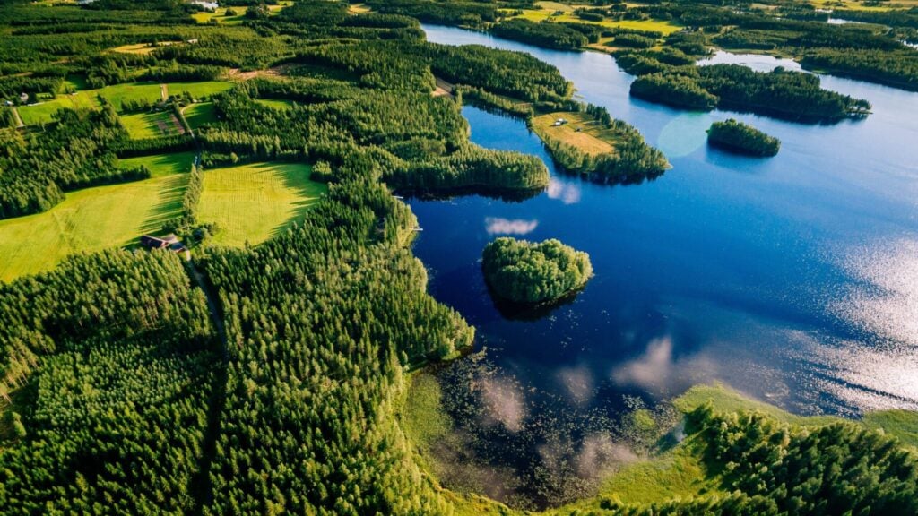 Pemandangan udara danau dan hutan di Finlandia