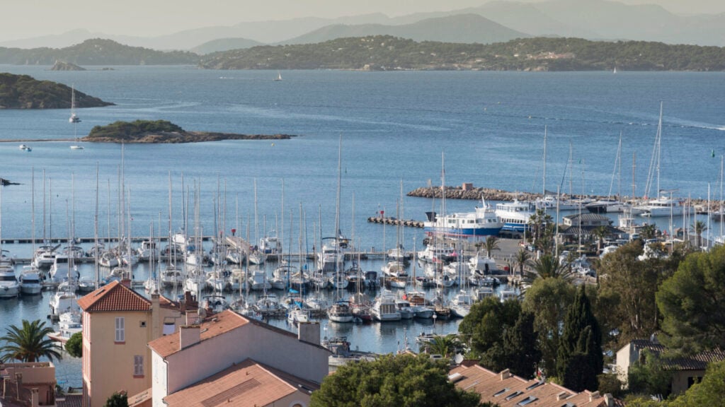 View of View of rooftops and marina in Porquerolles, Provence-Alpes-Cote d'Azur