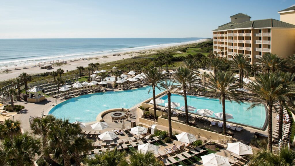 An aerial view of the pools and beach area at the Omni Amelia Island Resort & Spa