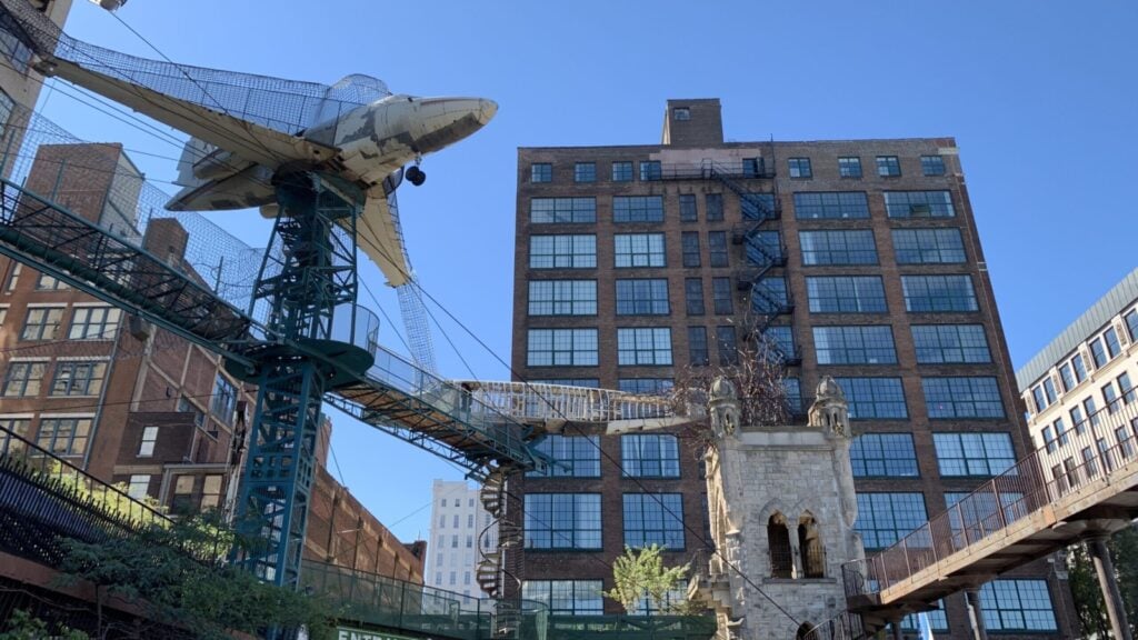 view of some of the outside structures at City Museum, a popular family travel destination in St. Louis