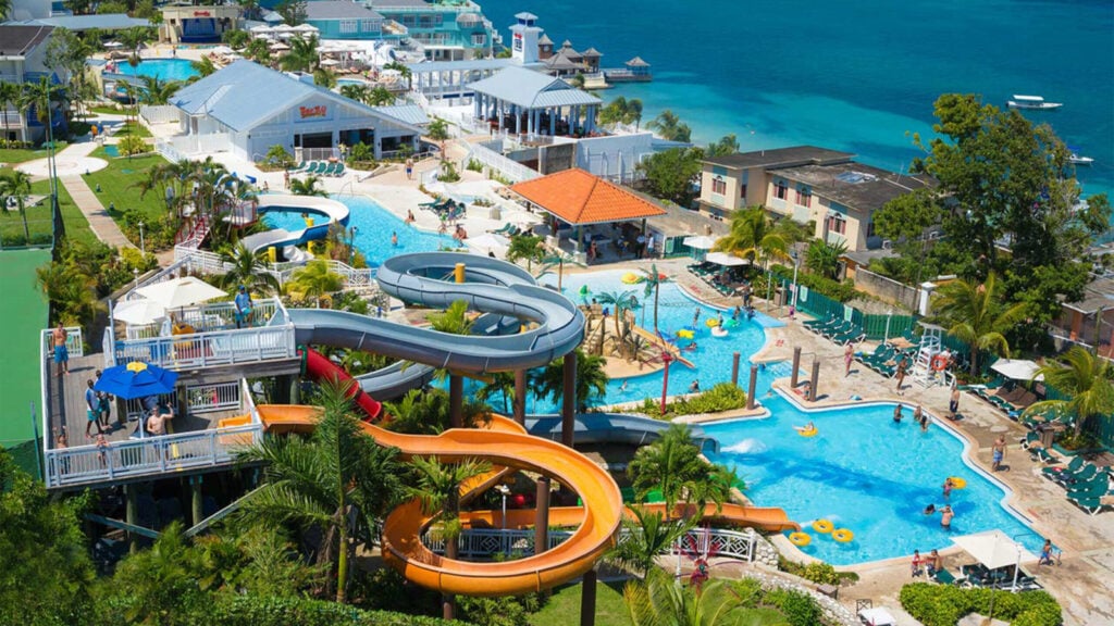 aerial view of waterslides, pools, and layout of Beaches Ocho Rios Jamaica all-inclusive resort