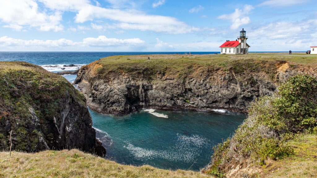 View of ocean, coast, and Point Cabrillo lighthouse in Mendocino