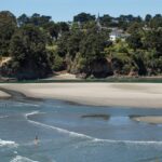 view of Big River Beach with town of Mendocino in background