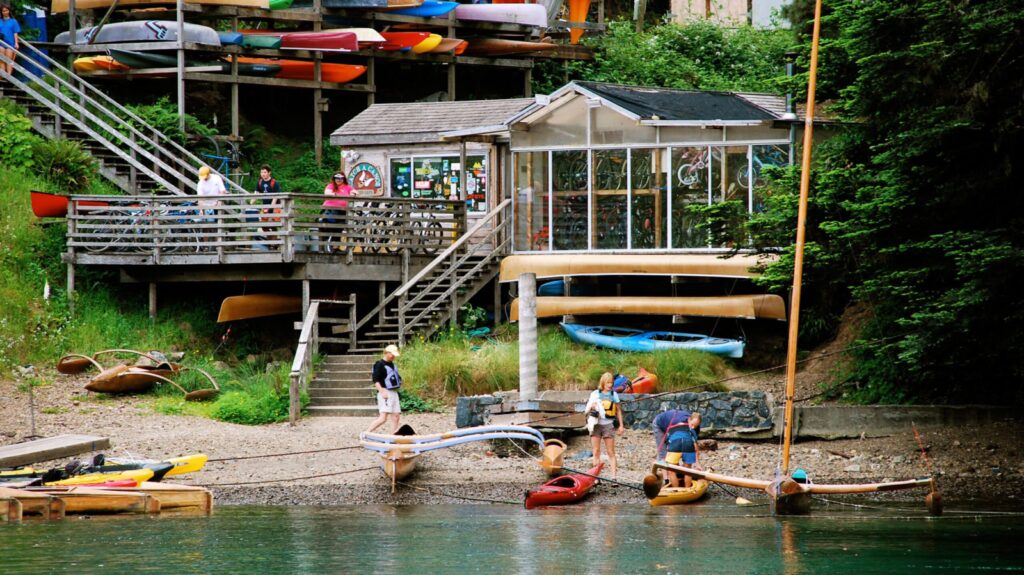 View of the water and the Stanford Inn's Catch a Canoe Bicycles Too