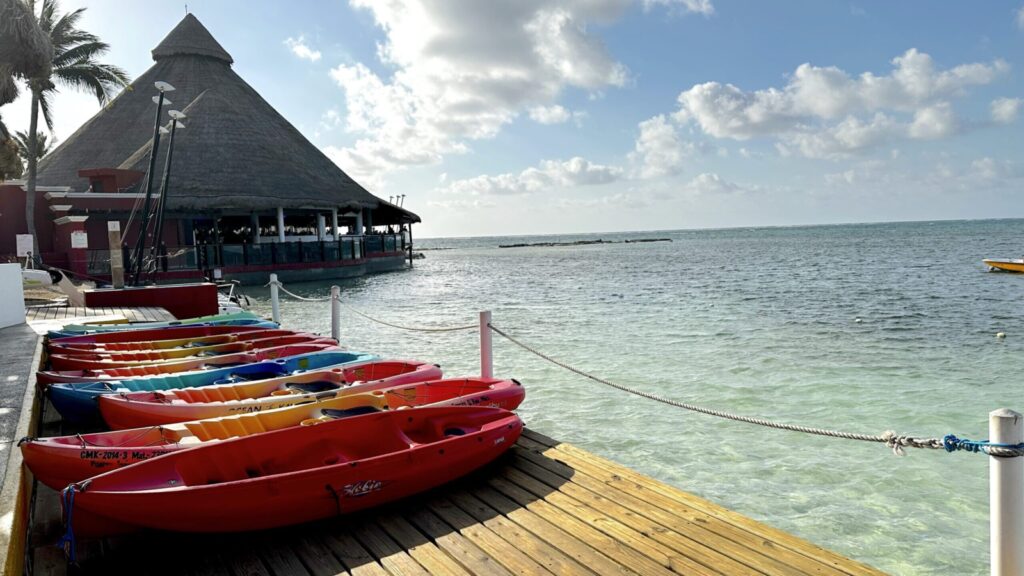 view of sailing center with Taco Arte restaurant in background at Club Med Cancun