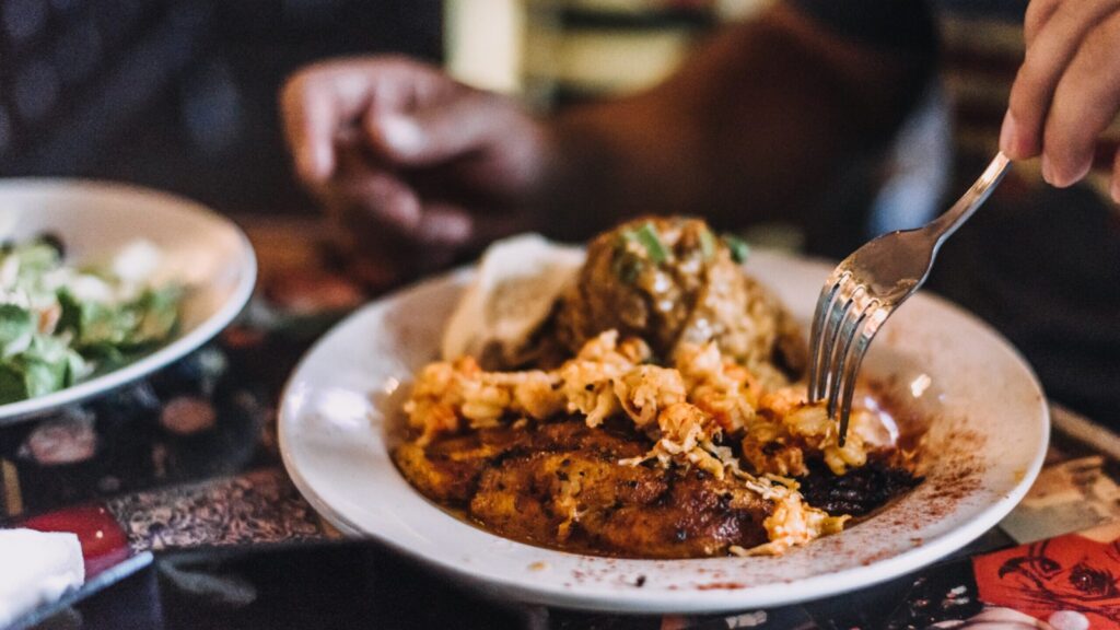 Plates with dinner food in New Orleans