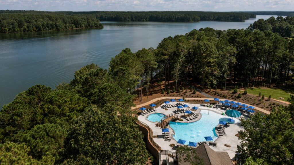 An aerial of the family pool at by the lake at The Ritz-Carlton Reynolds, Lake Oconee