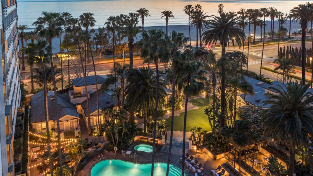 roof top sunset at the Fairmont Miramar Beach hotel in Santa Monica, CA