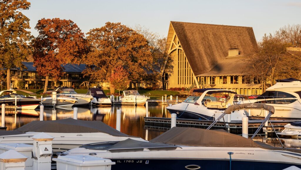 Fall leaves and marina at The Abbey lake resort