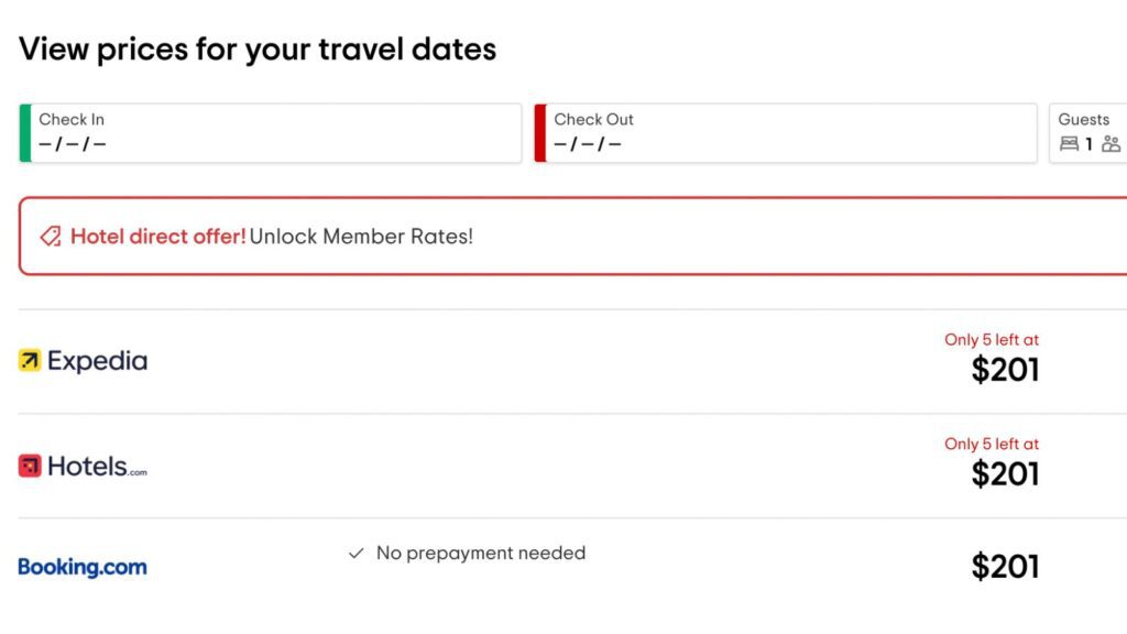 Tripadvisor hotel booking comparison tool screenshot