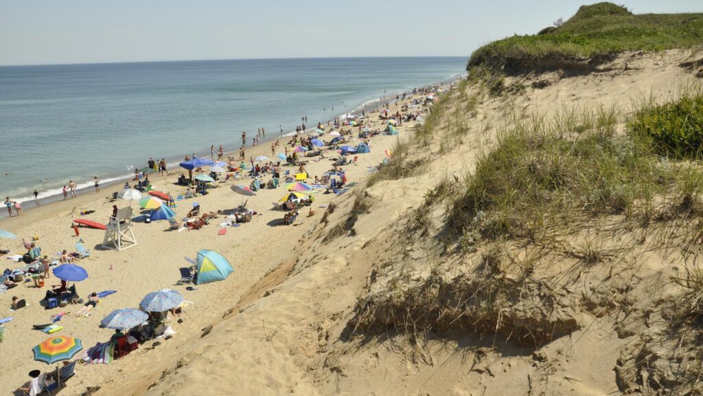People sitting in chairs and under umbrellas on a sunny summer day on the Cape Cod National Seashore