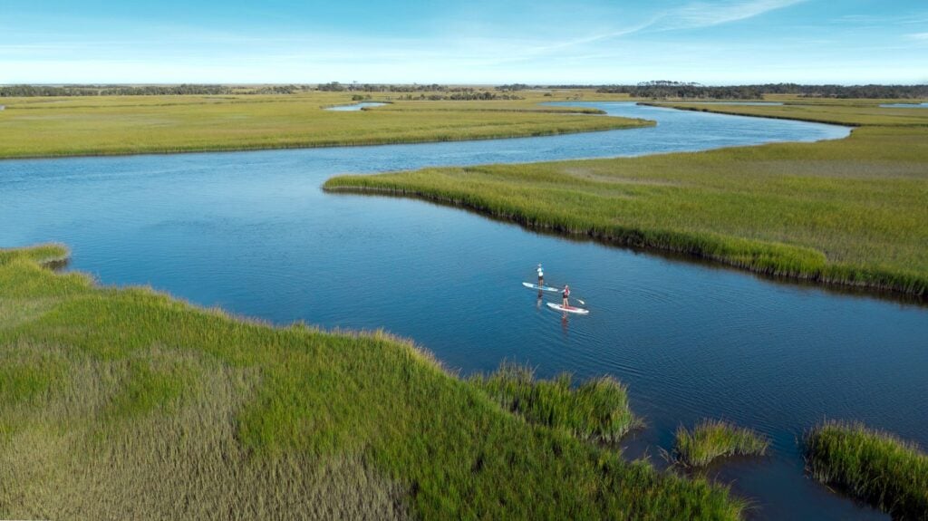 Bald Head Island Aerial of People Paddle boarding in Daytime