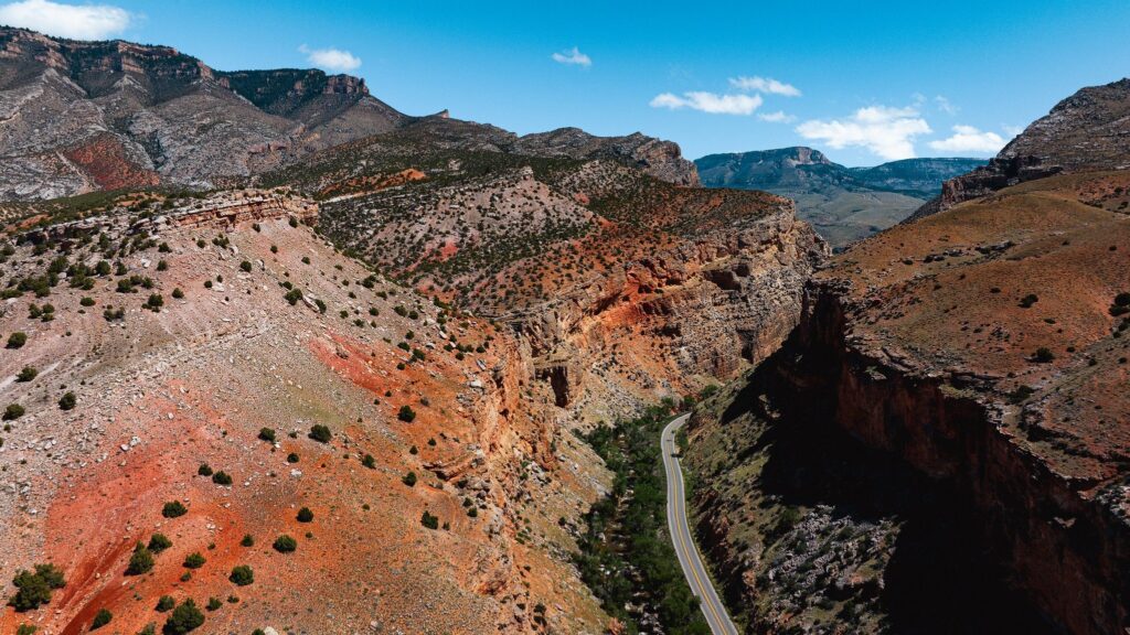 An aerial view of the Bighorn Scenic Byway in Wyoming